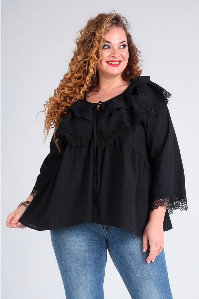 Кружевная свободная блуза с расклешенными рукавами Таир-Гранд 62380 черный - фото 1