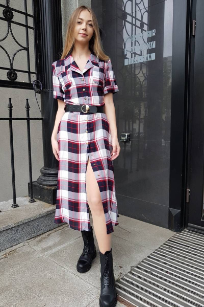 Платье с запахом и оборкой, полуприлегающего силуэта Shymoda 115-19 клетка - фото 1