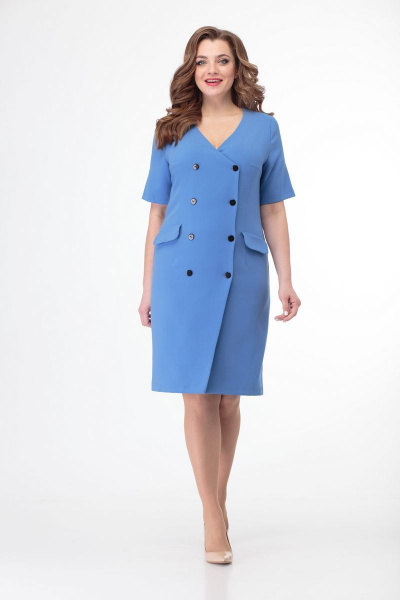 Платье небесного цвета с двубортной застежкой и карманами Anelli 333 голубой - фото 7