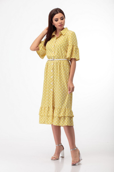 Платье с принтом в горошек и воланами, поясом и отложным воротником Anelli 713 охра - фото 5