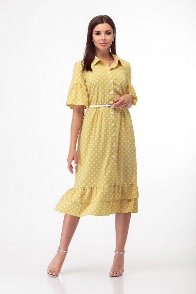 Платье с принтом в горошек и воланами, поясом и отложным воротником Anelli 713 охра - фото 1