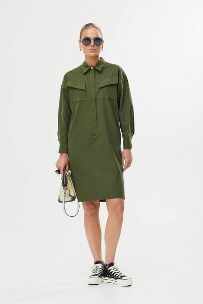 Платье прямое из хлопка с накладными карманами Твой имидж 1560 темно-зеленый - фото 3