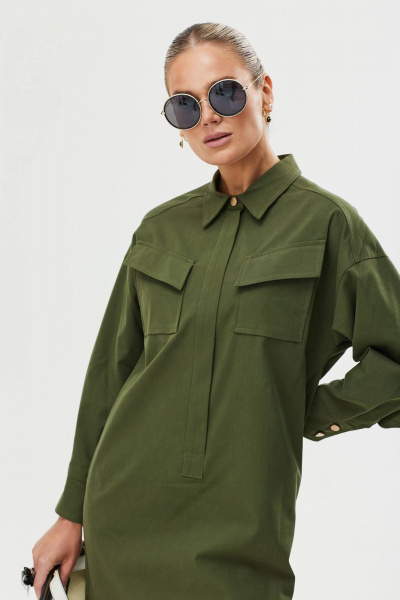 Платье прямое из хлопка с накладными карманами Твой имидж 1560 темно-зеленый - фото 7