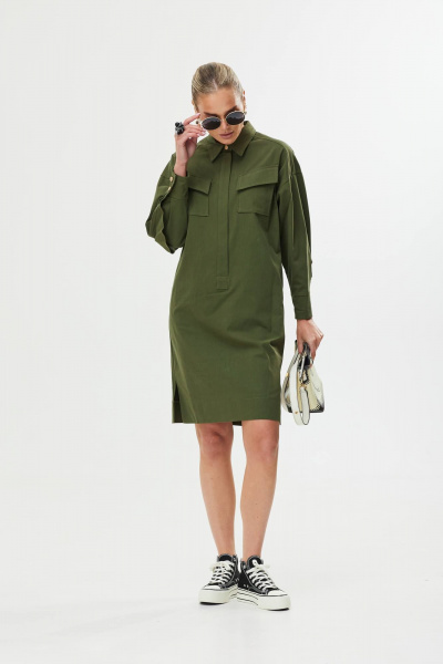 Платье прямое из хлопка с накладными карманами Твой имидж 1560 темно-зеленый - фото 4