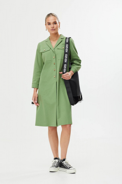 Демисезонное платье трапеции из текстиля с декоративным поясом Твой имидж 1561 олива - фото 9