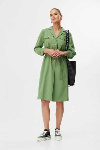 Демисезонное платье трапеции из текстиля с декоративным поясом Твой имидж 1561 олива - фото 8