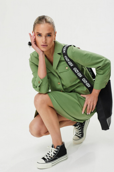 Демисезонное платье трапеции из текстиля с декоративным поясом Твой имидж 1561 олива - фото 6