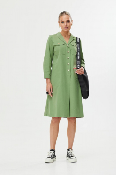 Демисезонное платье трапеции из текстиля с декоративным поясом Твой имидж 1561 олива - фото 4