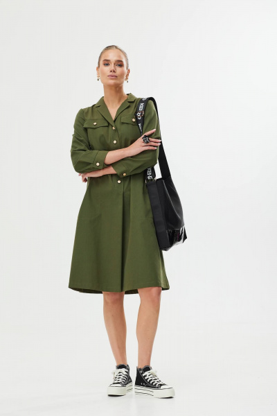 Платье А-силуэта с поясом и воланом Твой имидж 1561 хаки - фото 3