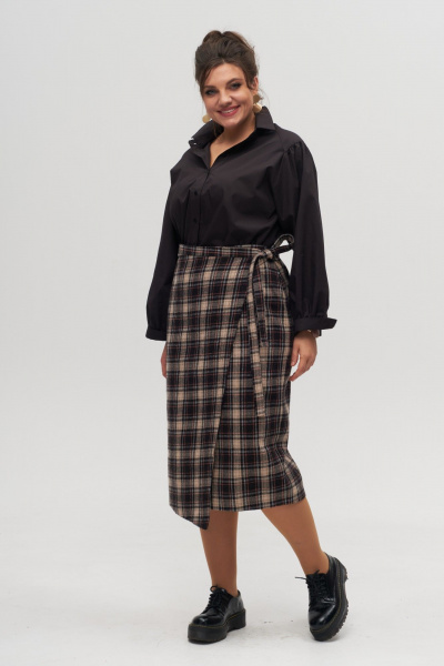 Юбка на запах с асимметричным кроем и поясом Anelli 1310 беж_клетка - фото 4