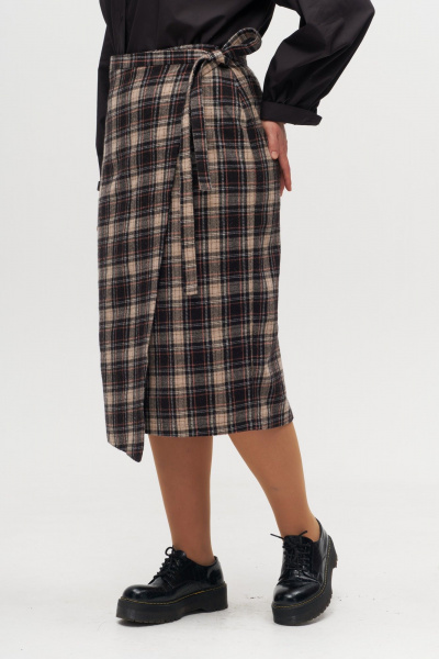 Юбка на запах с асимметричным кроем и поясом Anelli 1310 беж_клетка - фото 2