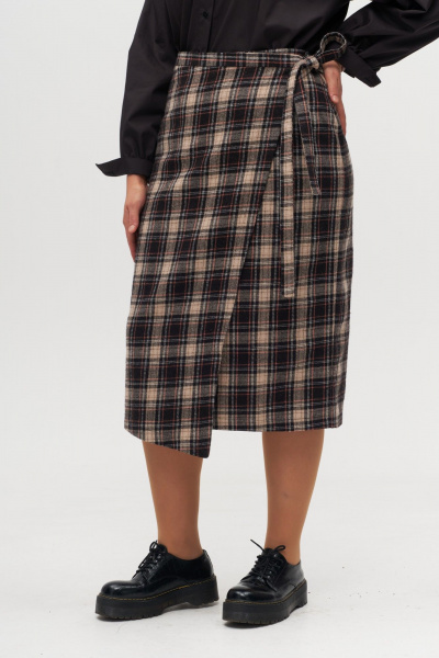 Юбка на запах с асимметричным кроем и поясом Anelli 1310 беж_клетка - фото 1