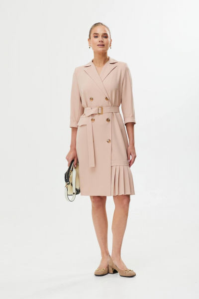 Деловое двубортное платье из текстиля с складками и поясом Твой имидж 1755 бежевый - фото 10