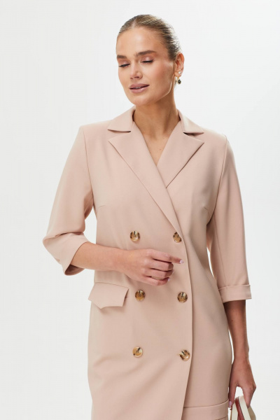 Деловое двубортное платье из текстиля с складками и поясом Твой имидж 1755 бежевый - фото 7