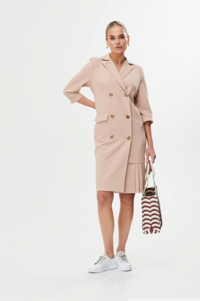 Деловое двубортное платье из текстиля с складками и поясом Твой имидж 1755 бежевый - фото 2