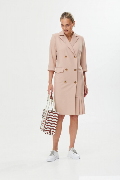 Деловое двубортное платье из текстиля с складками и поясом Твой имидж 1755 бежевый - фото 3