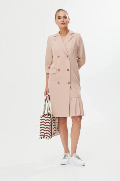 Деловое двубортное платье из текстиля с складками и поясом Твой имидж 1755 бежевый - фото 1