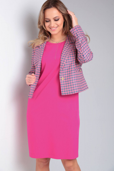 Демисезонный деловой комплект платье и жакет с лацканами TVIN 7688 розовый - фото 4