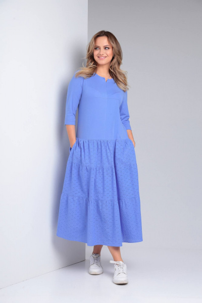 Демисезонное платье в стиле бохо с воланами и шитьем TVIN 7685 голубой - фото 2