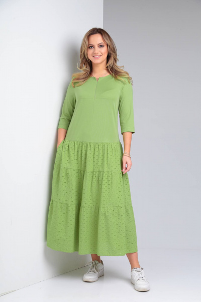 Демисезонное бохо-платье с воланами и укороченным рукавом TVIN 7685 салат - фото 1