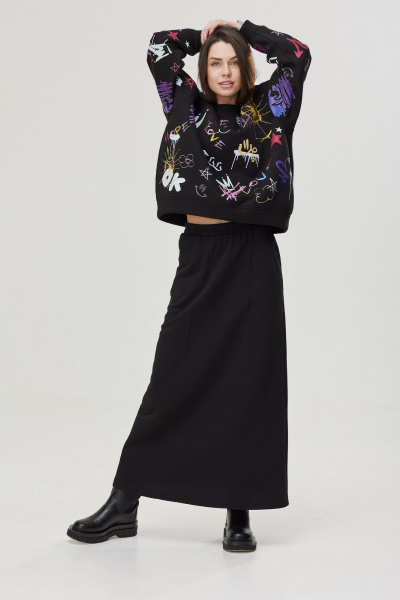 Юбка макси с карманами и поясом из трикотажа и хлопка MG Wear 3101 черный - фото 3