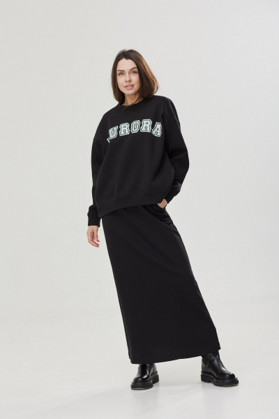 Юбка макси с карманами и поясом из трикотажа и хлопка MG Wear 3101 черный - фото 1