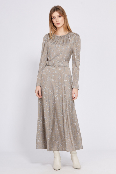 Платье с принтом из атласа, миди, с ремнем и сборкой EOLA 2559 бежевый_в_цветы - фото 4