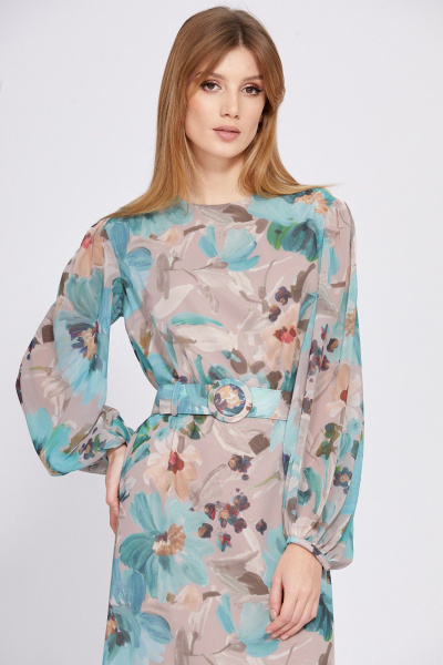 Платье из шифона с принтом, полуприлегающего силуэта, с ремнем EOLA 2561 бежево-мятный - фото 4