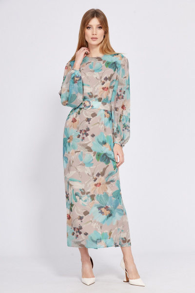 Платье из шифона с принтом, полуприлегающего силуэта, с ремнем EOLA 2561 бежево-мятный - фото 2