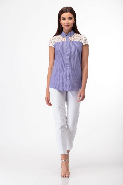 Блуза полуприлегающего силуэта с кружевными кокетками Anelli 398 синий - фото 1