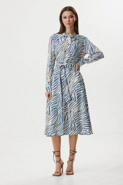 Нарядное платье из текстиля с расширенной юбкой и карманами LadisLine 1270 зебра/синий - фото 3