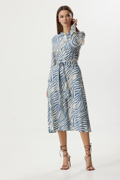 Нарядное платье из текстиля с расширенной юбкой и карманами LadisLine 1270 зебра/синий - фото 2