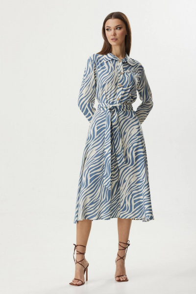 Нарядное платье из текстиля с расширенной юбкой и карманами LadisLine 1270 зебра/синий - фото 1