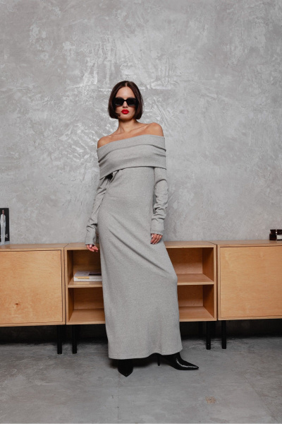 Круглосезонное облегающее платье с открытыми плечами Krasa М370-24 серый - фото 1