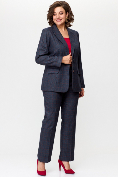 Комплект из жакета и классических брюк из текстиля БелЭльСтиль 203-2 83 22+596-2 89 22 сине-красная_клетка - фото 2