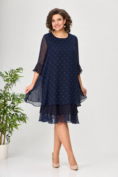 платье шифоновое в горошек синее с воланами Moda Versal П2440 т.синий - фото 2