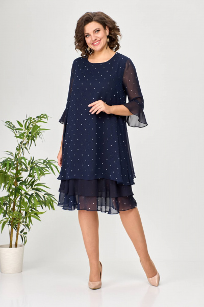 платье шифоновое в горошек синее с воланами Moda Versal П2440 т.синий - фото 1