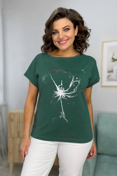 Трикотажный джемпер из хлопка с принтом и спущенным плечом Rumoda 2063 кр_темно-зеленый - фото 1