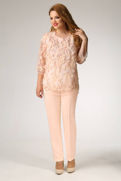 Брюки и туника для лета из текстиля с кружевом LaKona 11523 пудра - фото 1