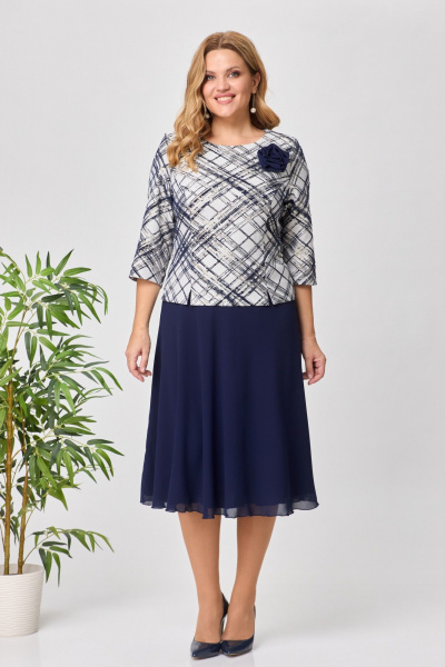 Платье женское с шифоном и жаккардом праздничное до середины икры Pocherk 1-023 темно-синий - фото 5