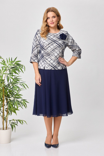 Платье женское с шифоном и жаккардом праздничное до середины икры Pocherk 1-023 темно-синий - фото 4