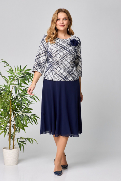 Платье женское с шифоном и жаккардом праздничное до середины икры Pocherk 1-023 темно-синий - фото 2