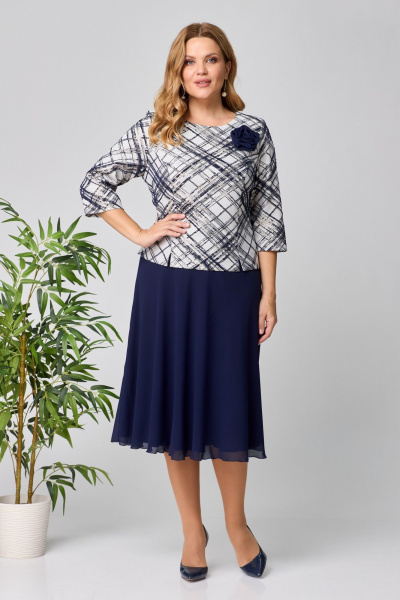 Платье женское с шифоном и жаккардом праздничное до середины икры Pocherk 1-023 темно-синий - фото 1