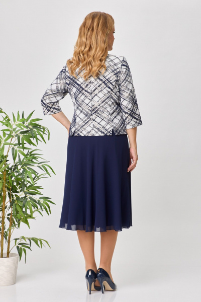 Платье женское с шифоном и жаккардом праздничное до середины икры Pocherk 1-023 темно-синий - фото 8