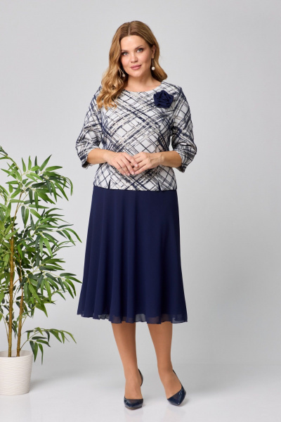 Платье женское с шифоном и жаккардом праздничное до середины икры Pocherk 1-023 темно-синий - фото 3
