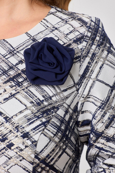 Платье женское с шифоном и жаккардом праздничное до середины икры Pocherk 1-023 темно-синий - фото 9