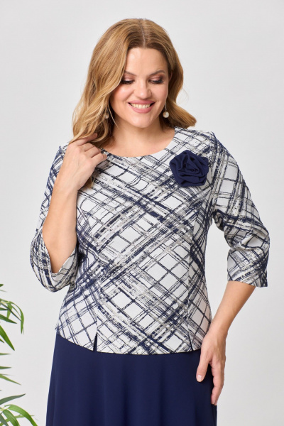 Платье женское с шифоном и жаккардом праздничное до середины икры Pocherk 1-023 темно-синий - фото 7