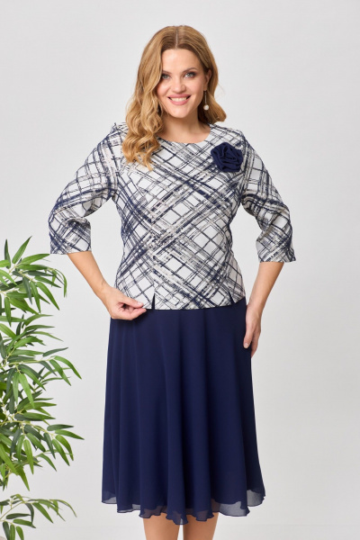 Платье женское с шифоном и жаккардом праздничное до середины икры Pocherk 1-023 темно-синий - фото 6