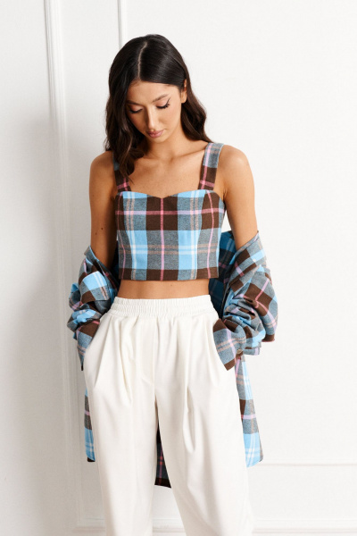 Топ с принтом клетка широкие бретели для демисезона ANNETE A841 - фото 3