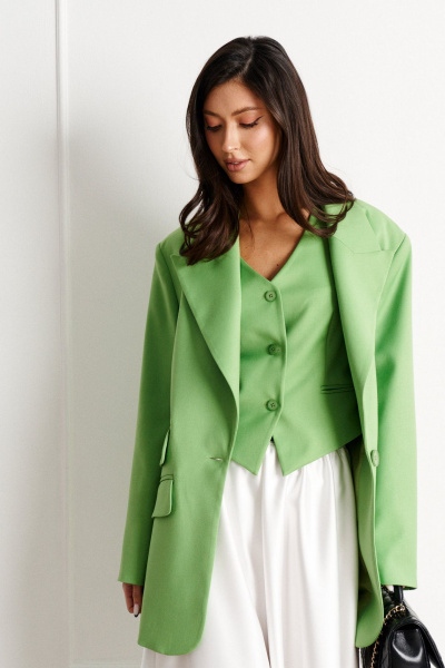 Демисезонный жилет из светло-зеленого текста с прорезными карманами ANNETE A5273 - фото 2